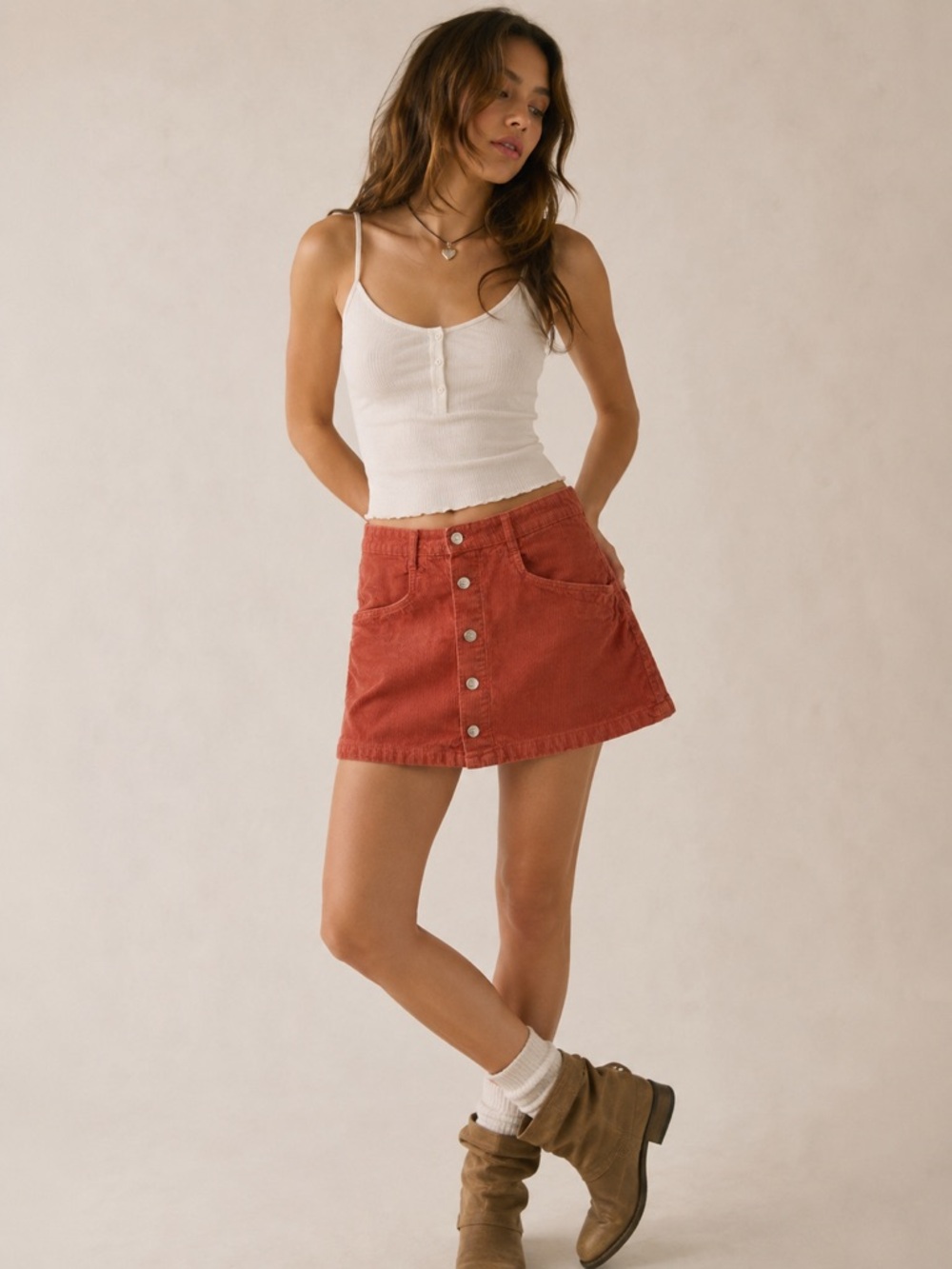 Free People Corduroy Button Front Mini Skirt Coral Pink Size 8/12